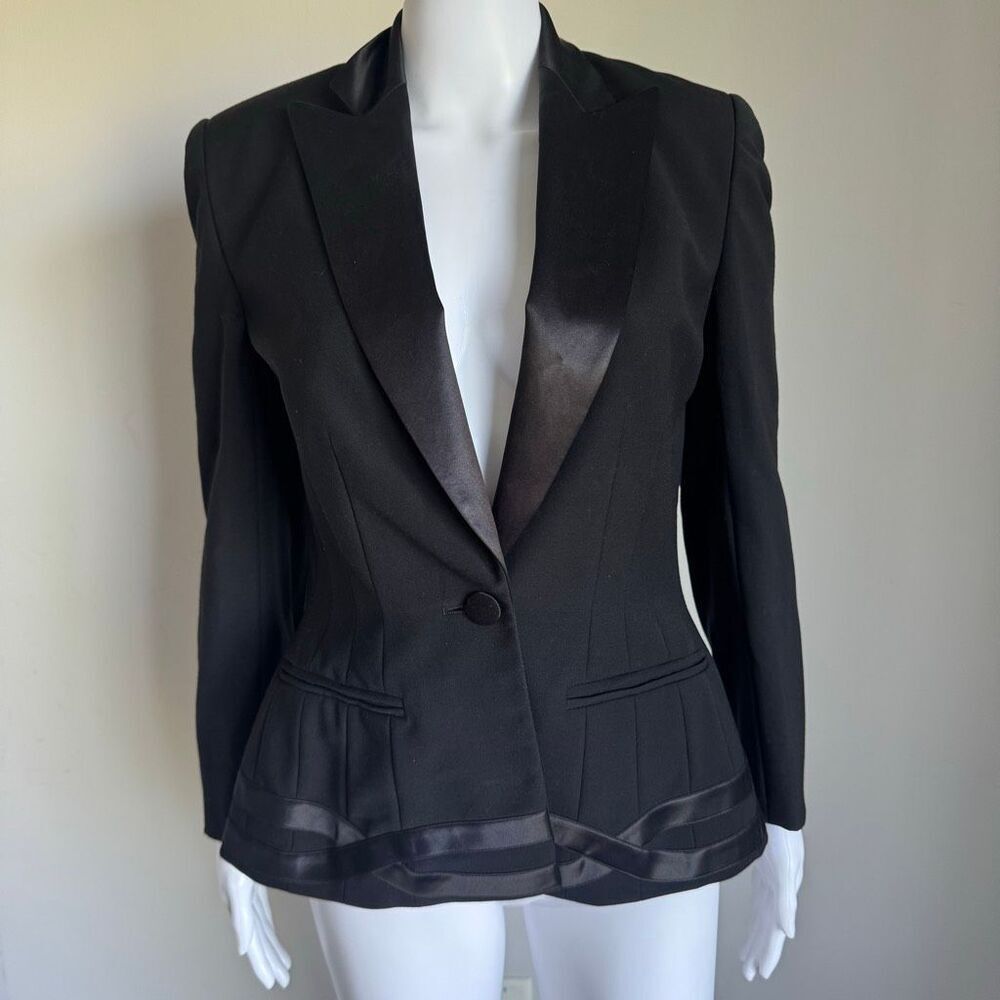 Vtg ESCADA COUTURE Black Wool Tuxedo Blazer Silk Satin Peplum Ribbon Jacket